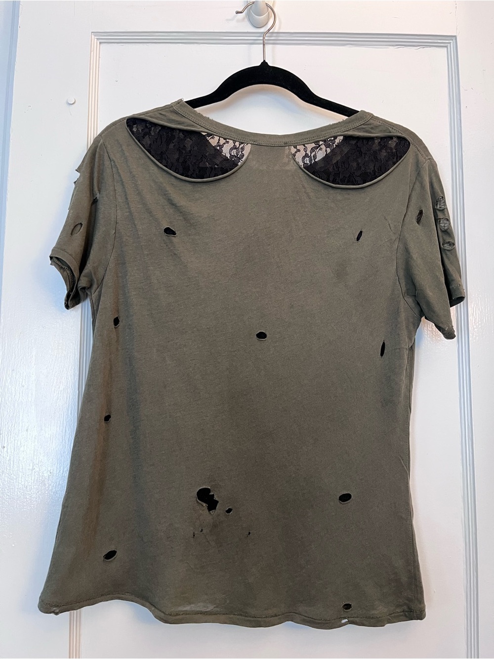 Pins & Needles Olive Green Distressed Short Sleeve Top with Lace Insets